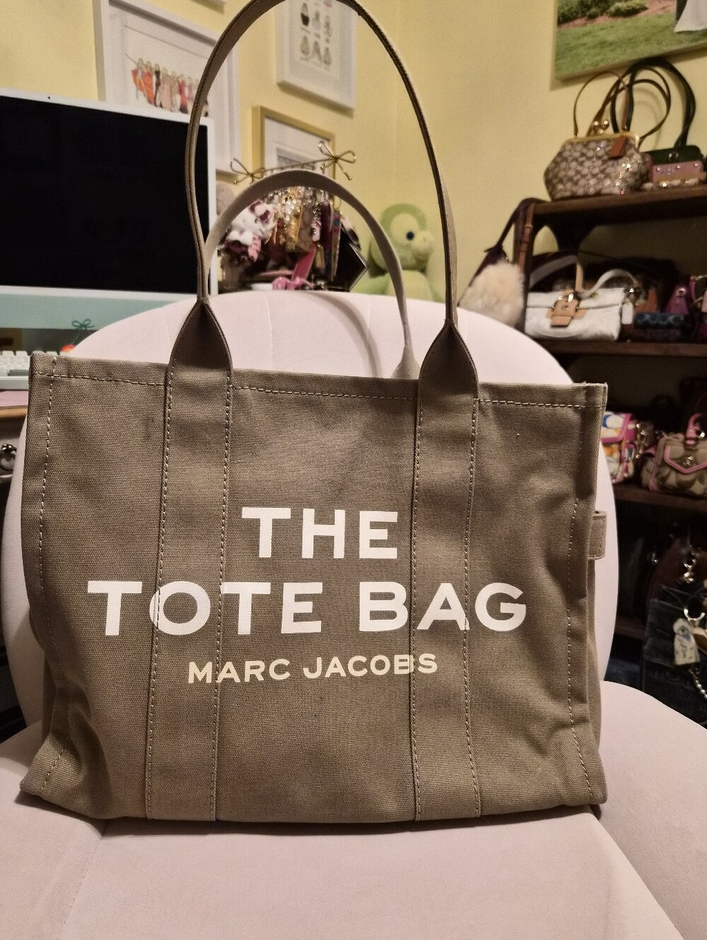 Marc Jacobs Olive Canvas THE Tote Bag with White Logo